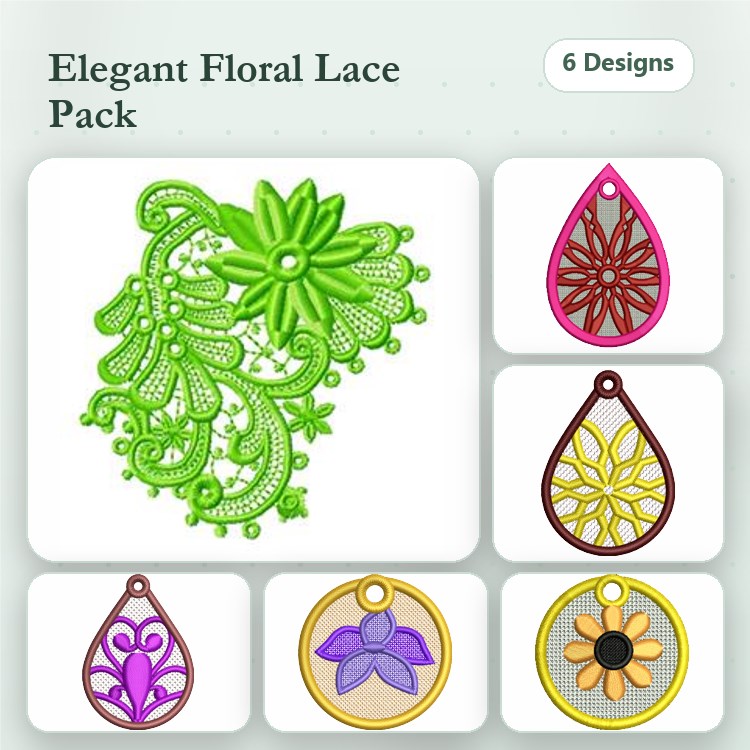 FSL Floral Lace Embroidery Designs Bundle – Green Floral Lace, Pink Teardrop Ornament, Red Teardrop Ornament & More (6 Designs)