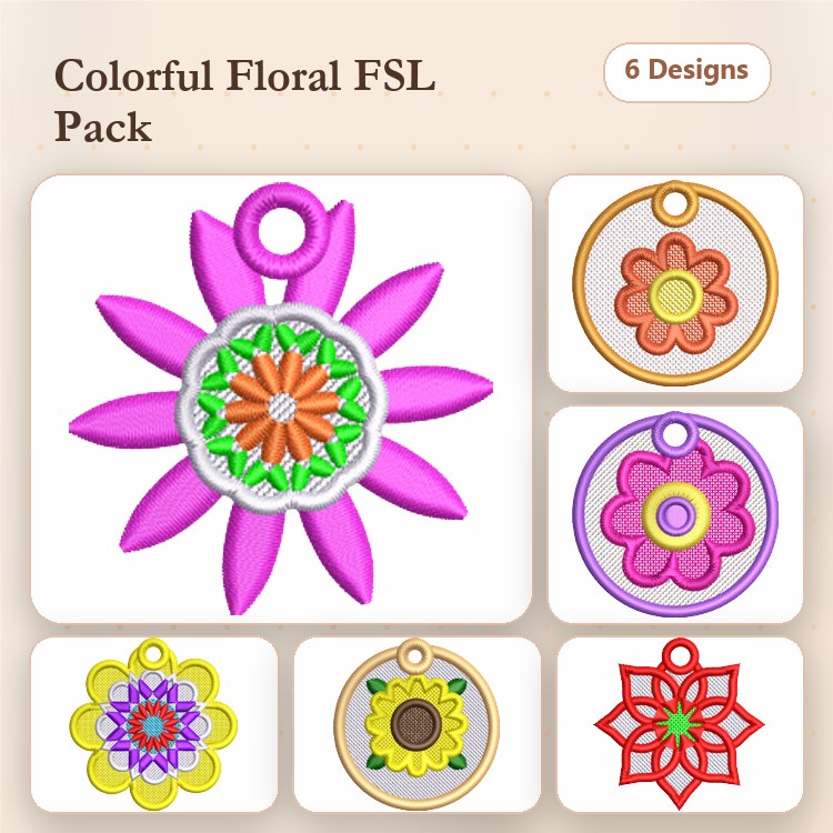 FSL Colorful Floral Embroidery Bundle – Flower Pendant with Pink Petals, Circular Flower Ornament, Yellow Flower Ornament & More (6 Designs)