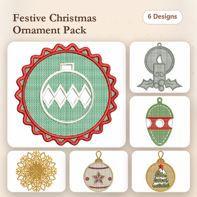 FSL Christmas Ornament Embroidery Designs Bundle – Bauble, Holly, Traditional Ornament & More (6 Designs)