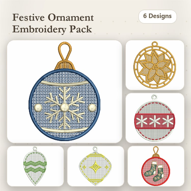 FSL Festive Ornaments Embroidery Designs Bundle – Snowflake, Star, Red and White & More (6 Designs)