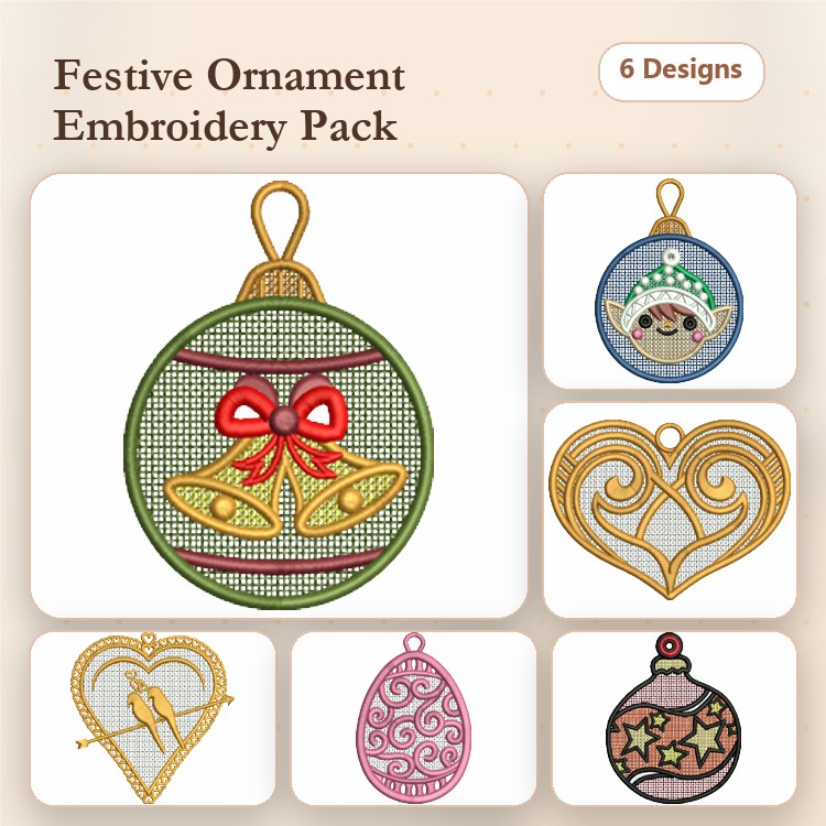 FSL Festive Ornaments Embroidery Designs Bundle – Bell, Sloth, Heart & More (6 Designs)