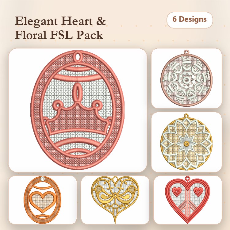 FSL Elegant Heart & Floral Embroidery Designs Bundle – Lacy Heart, Floral Ornament, Crown Ornament & More (6 Designs)