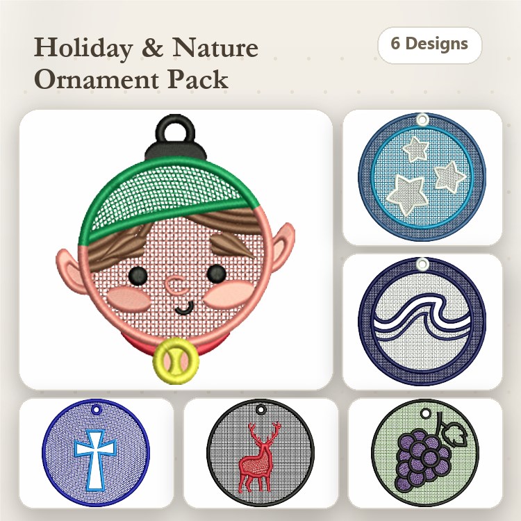 FSL Holiday & Nature Ornaments Embroidery Designs Bundle – Elf, Star, Reindeer & More (6 Designs)
