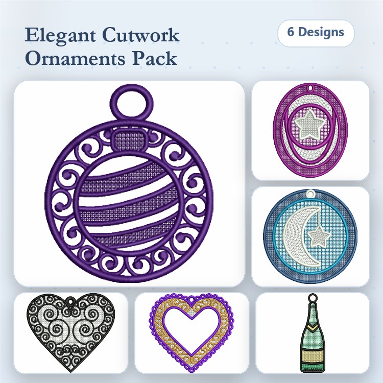 FSL Cutwork Ornaments Embroidery Designs Bundle – Ornament with Swirls, Star Ornament, Moon Ornament & More (6 Designs)