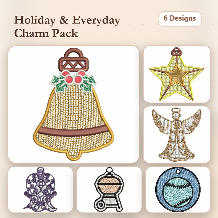 FSL Holiday Charms Embroidery Designs Bundle – Bell with Holly, Star Decoration, Angel Ornament & More (6 Designs)