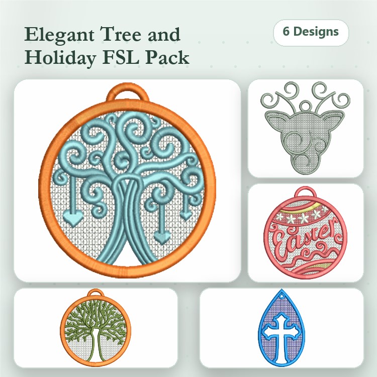 FSL Elegant Tree Holiday Embroidery Designs Bundle – Elegant Tree Ornament, Holiday Deer Ornament, Easter Ornament & More (6 Designs)