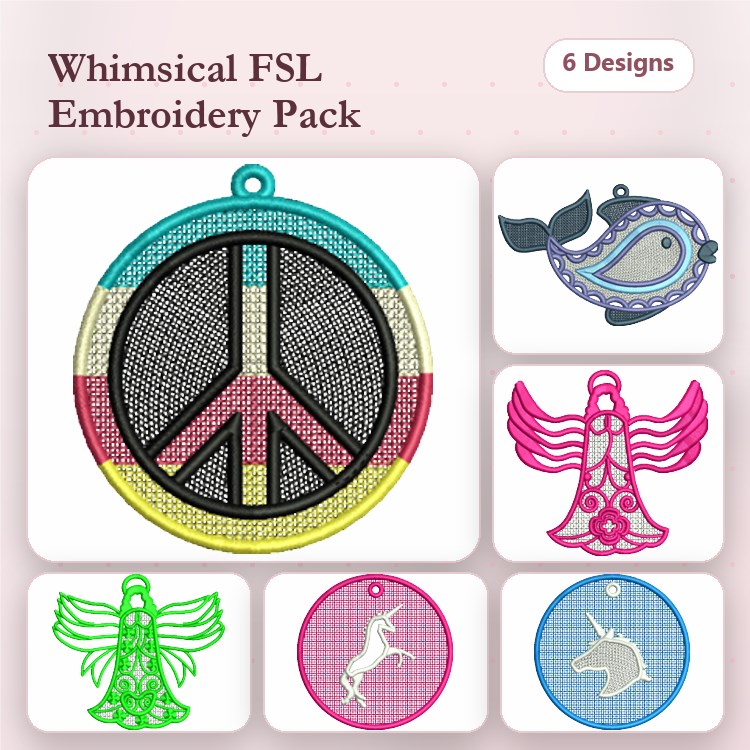 FSL Whimsical Lace Embroidery Designs Bundle – Peace Sign, Whale, Angel, Unicorn & More (6 Designs)
