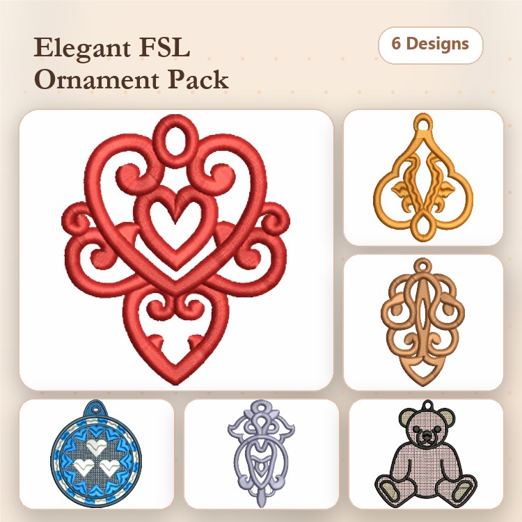 FSL Elegant Lace Ornaments Embroidery Bundle – Heart Ornament, Teddy Bear Ornament, Floral Medallion & More (6 Designs)