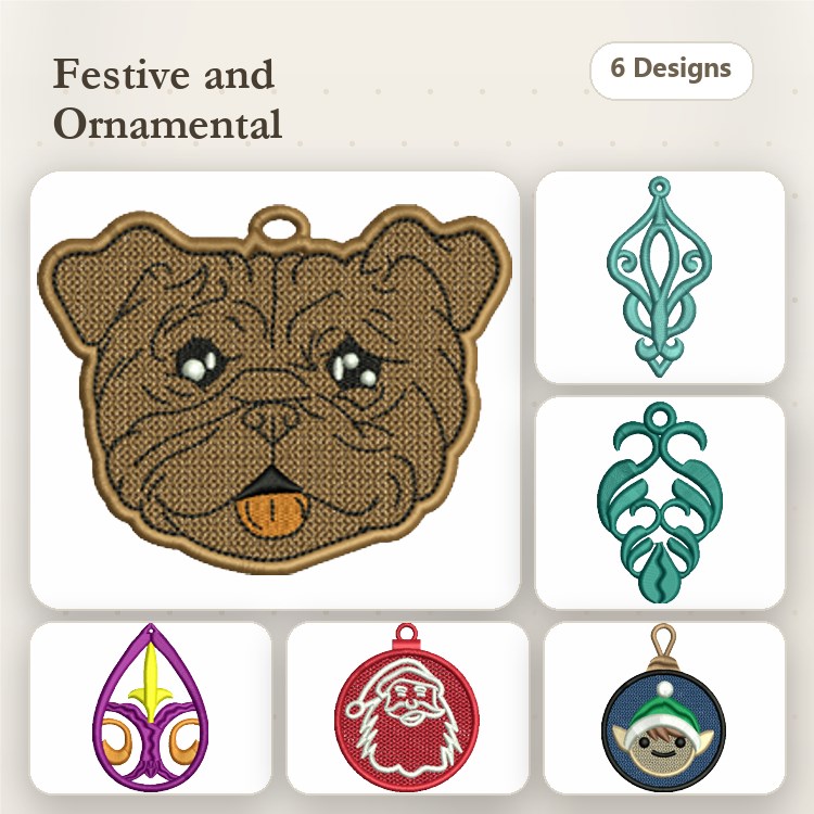 FSL Festive Ornament Embroidery Designs Bundle – Pug Ornament, Santa Ornament, Egg Ornament & More (6 Designs)