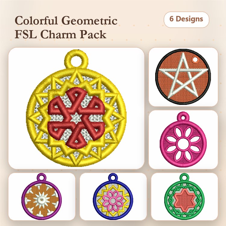 FSL Colorful Geometric Lace Charms Embroidery Designs Bundle – Geometric Star, Floral Charm, Pentagram & More (6 Designs)