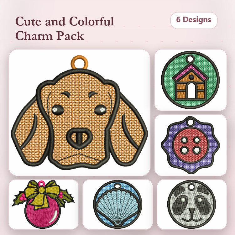 Dog House, Button & Panda Keychain Embroidery Bundle – Fun Designs (6 Designs)