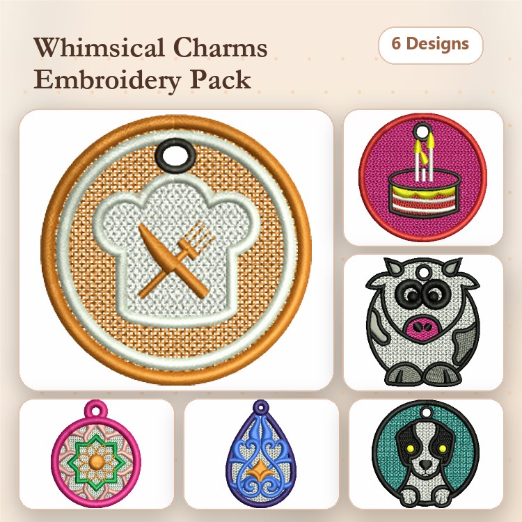 Chef Hat, Birthday Cake & Cow Keychain Embroidery Bundle – Fun Designs (6 Designs)