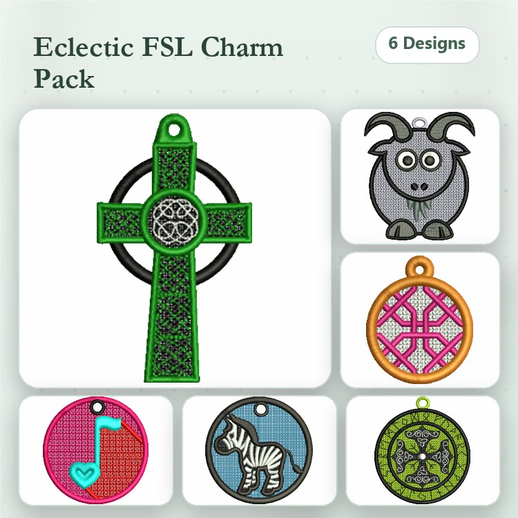 FSL Eclectic Charm Embroidery Bundle – Celtic Cross, Sheep, Zebra & More (6 Designs)