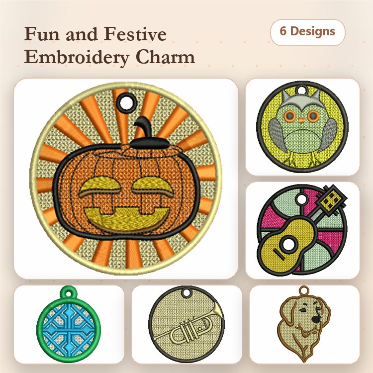 Owl, Pumpkin & Guitar Keychain Embroidery Bundle – Fun Designs (6 Designs)