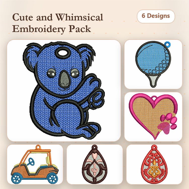 FSL Cute & Whimsical Embroidery Designs Bundle – Koala Ornament, Balloon Ornament, Heart Ornament & More (6 Designs)