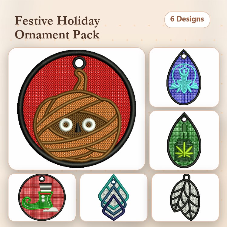 FSL Festive Holiday Ornaments Embroidery Designs Bundle – Mummy Ornament, Octopus Ornament, Christmas Stocking & More (6 Designs)