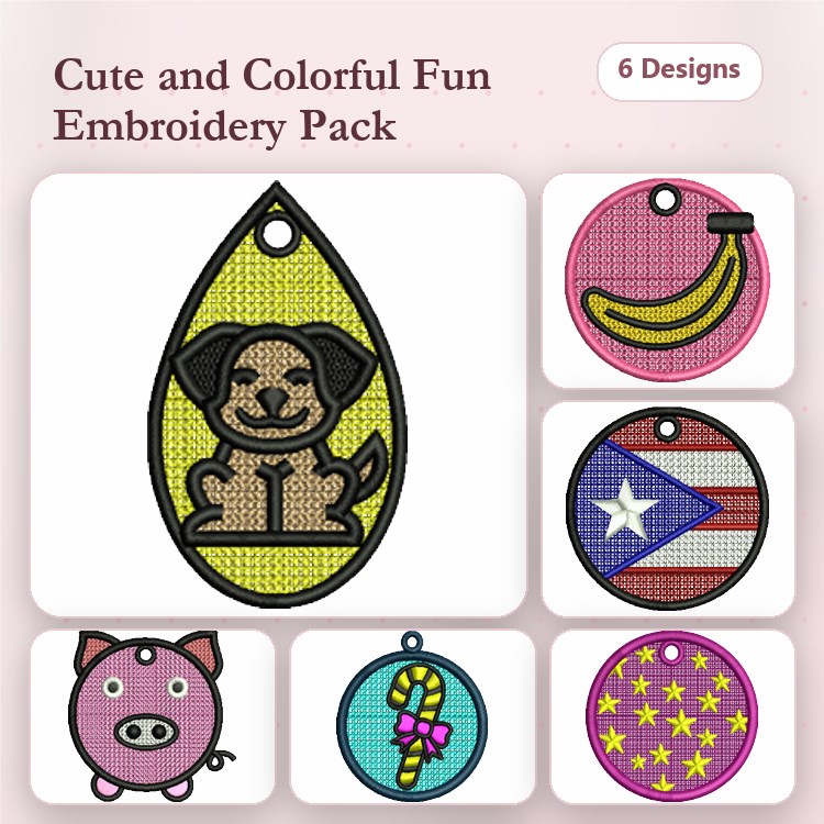 Banana, Pug & Flag Keychain Embroidery Bundle – Fun Designs (6 Designs)