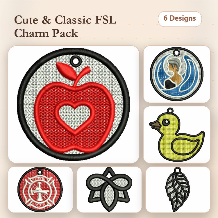 FSL Charm Embroidery Designs Bundle – Apple, Mermaid, Duck, & More (6 Designs)