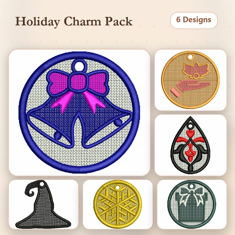 FSL Holiday Charm Embroidery Designs Bundle – Christmas Bell, Witch Hat, Snowflake Ornament & More (6 Designs)