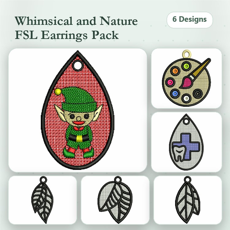 FSL Whimsical Nature Earrings Embroidery Bundle – Elf, Palette, Cross & More (6 Designs)