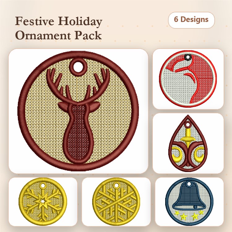 FSL Holiday Ornaments Embroidery Designs Bundle – Reindeer, Bird, Bell & More (6 Designs)
