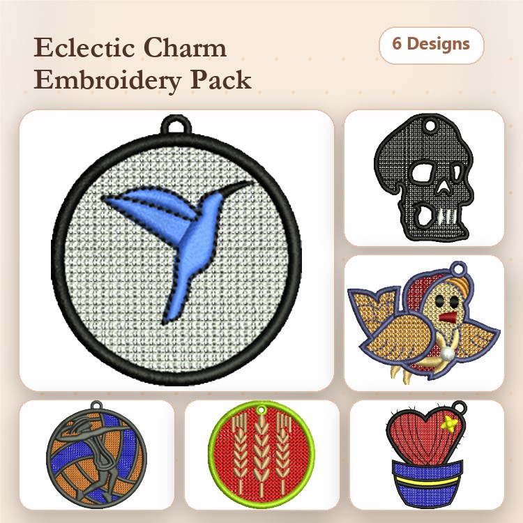 FSL Various Charm Embroidery Designs Bundle – Hummingbird, Skull, Fish, Baseball, Wheat & More (6 Designs)
