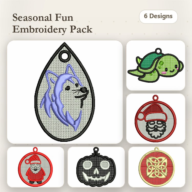Wolf & Turtle Keychain Embroidery Bundle – Santa, Gnome & Skull (6 Designs)