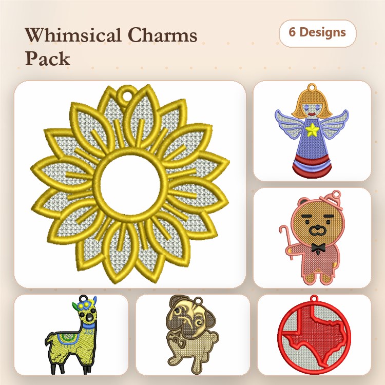 FSL Whimsical Charms Embroidery Designs Bundle – Sunflower Ornament, Angel Ornament, Bear Keychain & More (6 Designs)