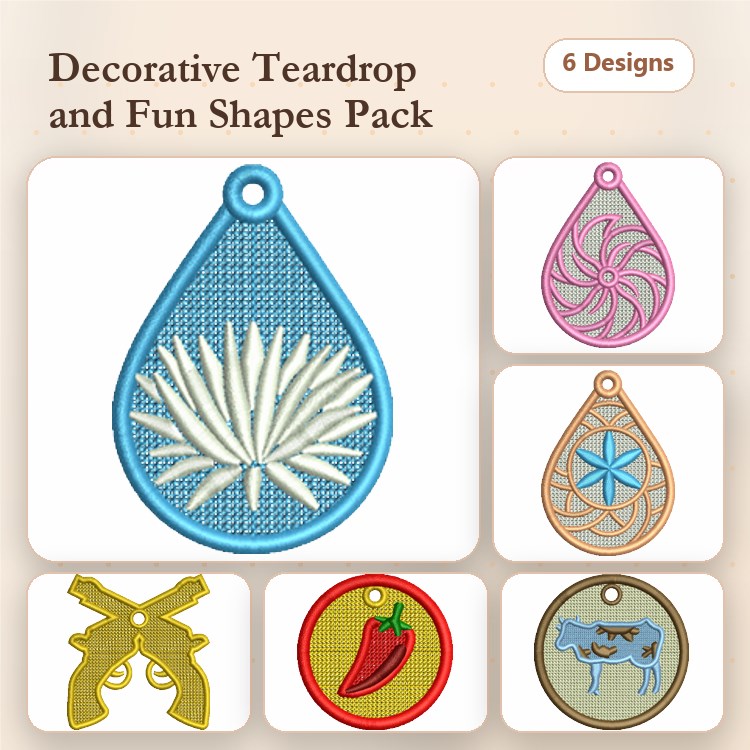 FSL Decorative Teardrop & Fun Shapes Embroidery Designs Bundle – Teardrop with Floral, Gun, Chili Pepper & More (6 Designs)