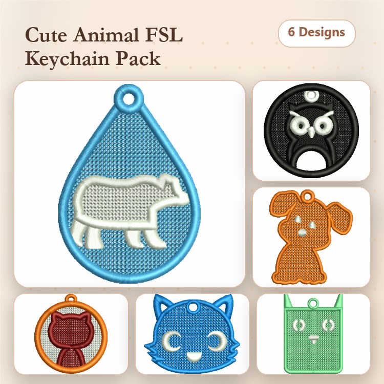 Animal Keychain Embroidery Bundle – Dog, Cat, Owl & More (6 Designs)