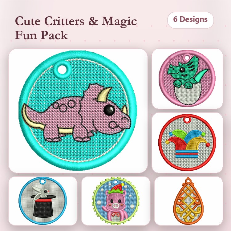 FSL Cute Critters & Magical Elements Embroidery Designs Bundle – Triceratops Tag, Dragon Tag, Magic Hat Tag & More (6 Designs)