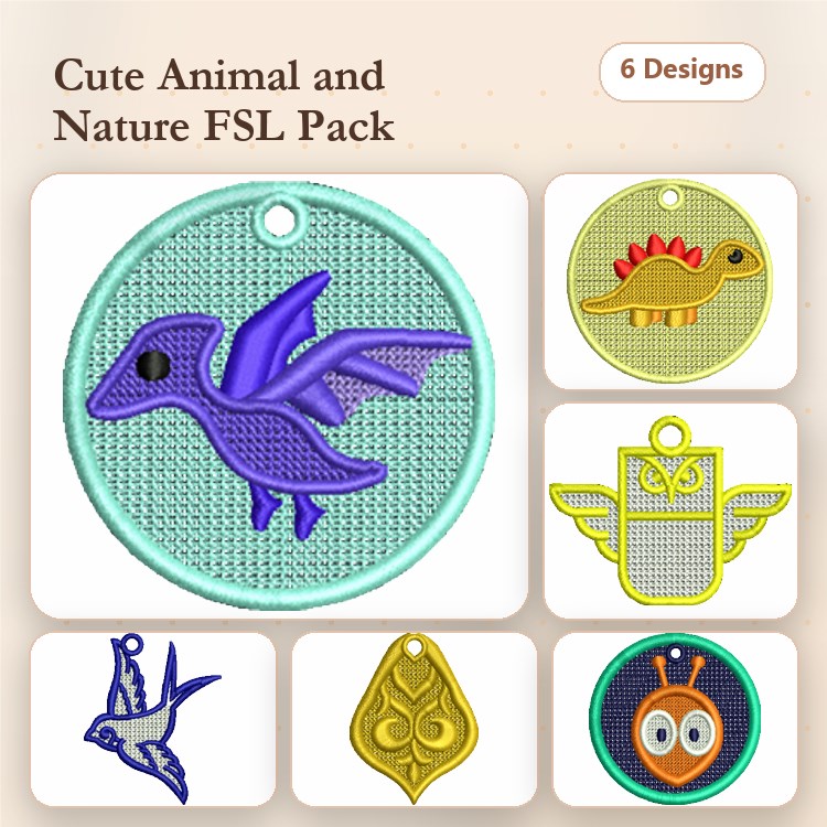 FSL Cute Animal & Nature Embroidery Designs Bundle – Flying Bird, Dinosaur, Owl & More (6 Designs)