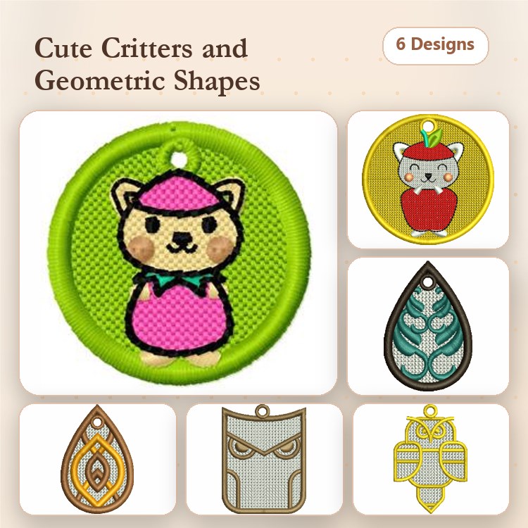 FSL Cute Critters & Geometric Shapes Embroidery Designs Bundle – Cat in Hat, Apple, Owl & More (6 Designs)