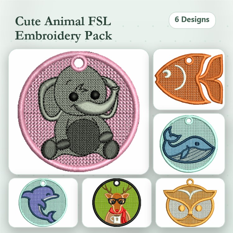 FSL Cute Animal Embroidery Designs Bundle – Elephant, Fish, Dolphin, Reindeer & More (6 Designs)