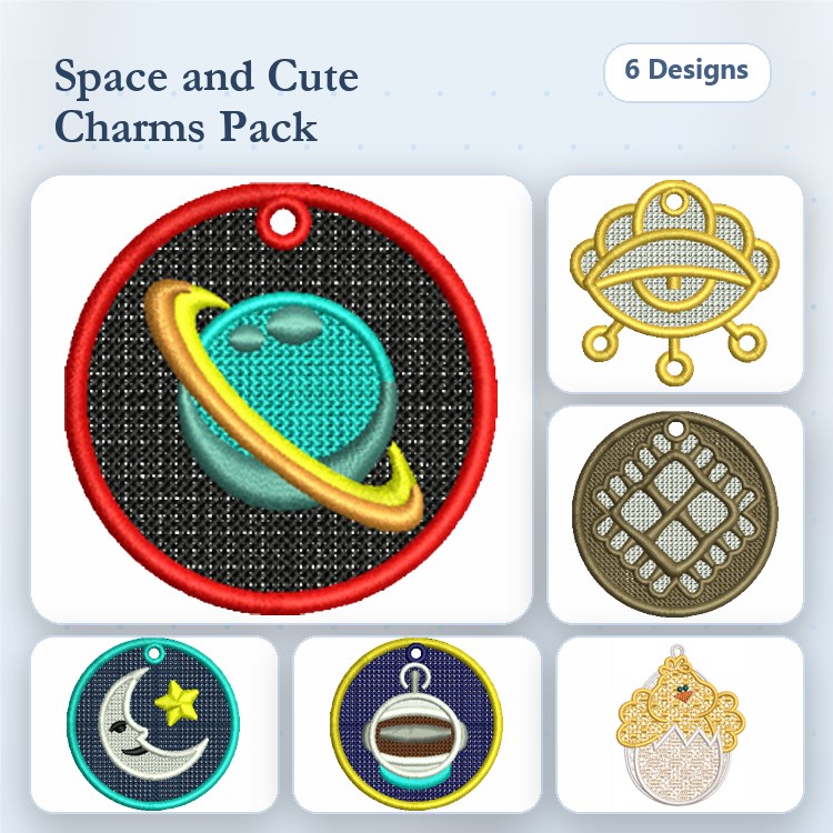 FSL Space-Themed Charm Embroidery Designs Bundle – Planet, Moon, Ice Cream & More (6 Designs)