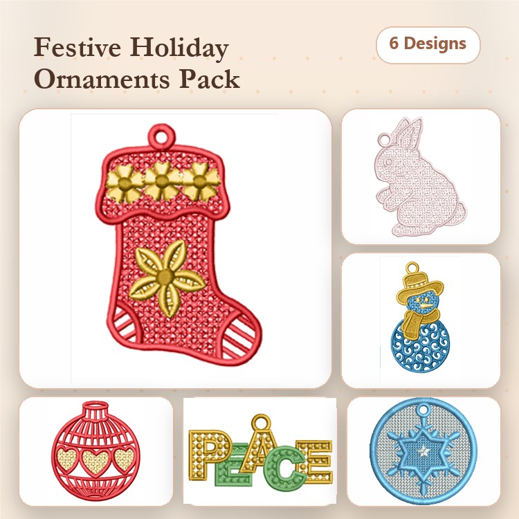 FSL Holiday Ornaments Embroidery Designs Bundle – Christmas Stocking, Snowman, Bunny & More (6 Designs)