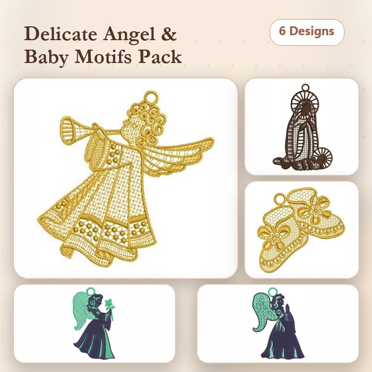FSL Angels and Baby Motifs Embroidery Designs Bundle – Angel with Trumpet, Baby Booties, Sleeping Baby & More (6 Designs)