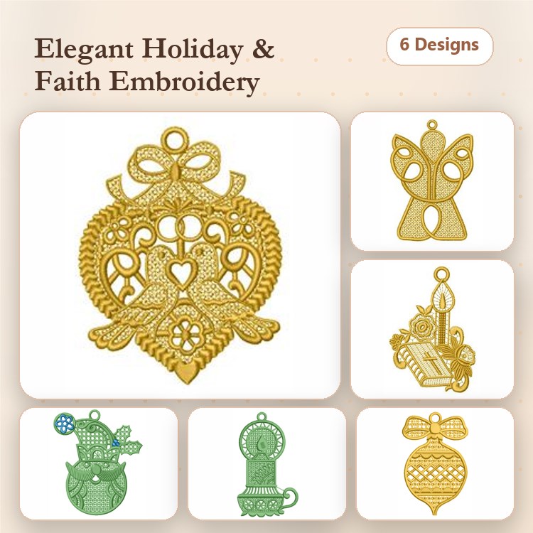 FSL Holiday Ornament Embroidery Designs Bundle – Heart with Birds, Angel, Christmas Basket & More (6 Designs)