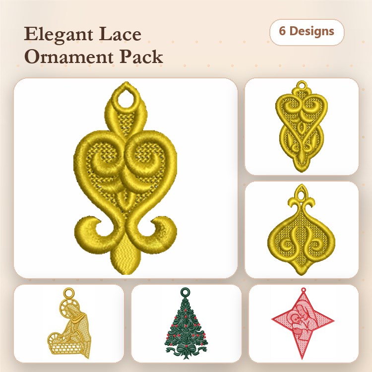 FSL Elegant Lace Ornaments Embroidery Designs Bundle – Lace Heart, Filigree, Tree & More (6 Designs)