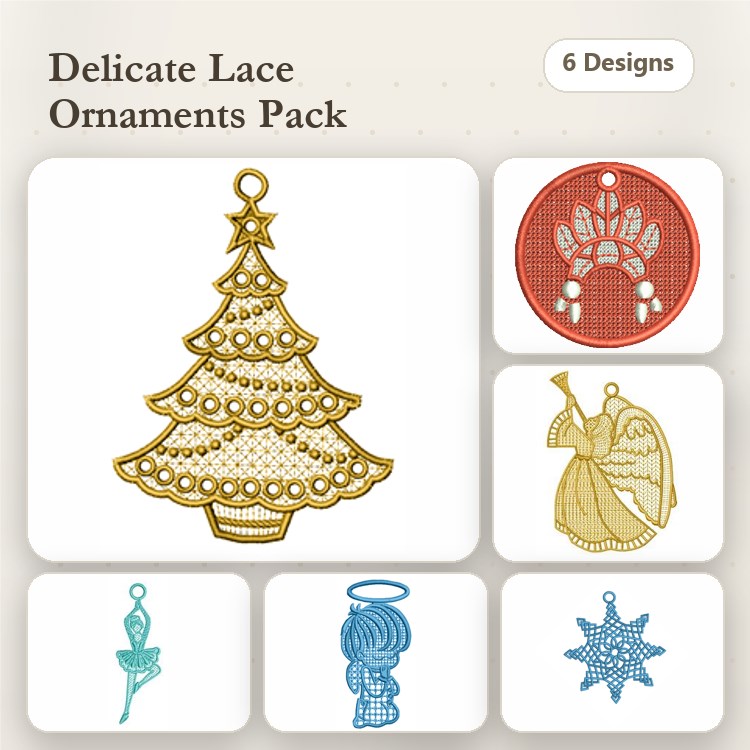FSL Delicate Lace Ornaments Embroidery Designs Bundle – Christmas Tree, Angel, Snowflake & More (6 Designs)
