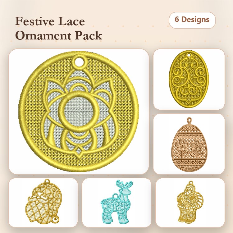 FSL Festive Lace Ornaments Embroidery Bundle – Lotus, Decorative Egg, Reindeer & More (6 Designs)