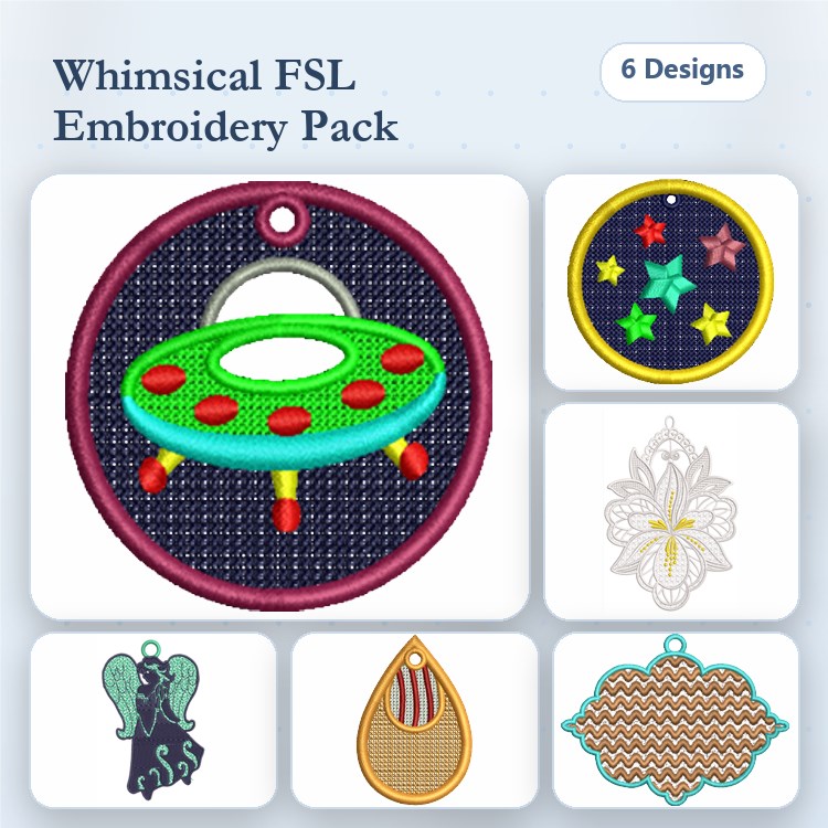 FSL Whimsical Lace Embroidery Bundle – UFO Ornament, Flower Lace, Mermaid Ornament & More (6 Designs)