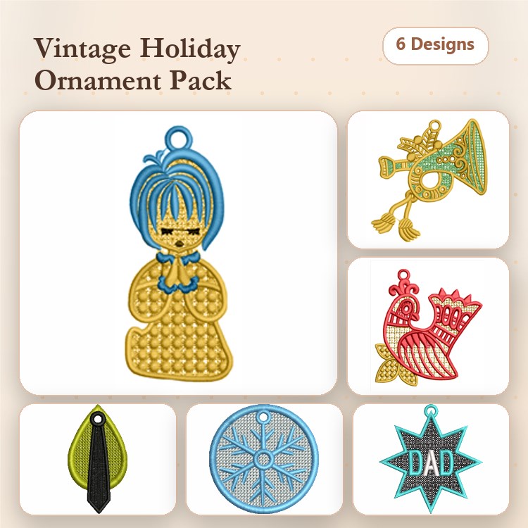 FSL Vintage Holiday Ornaments Embroidery Designs Bundle – Praying Angel, Horn, Rooster & More (6 Designs)