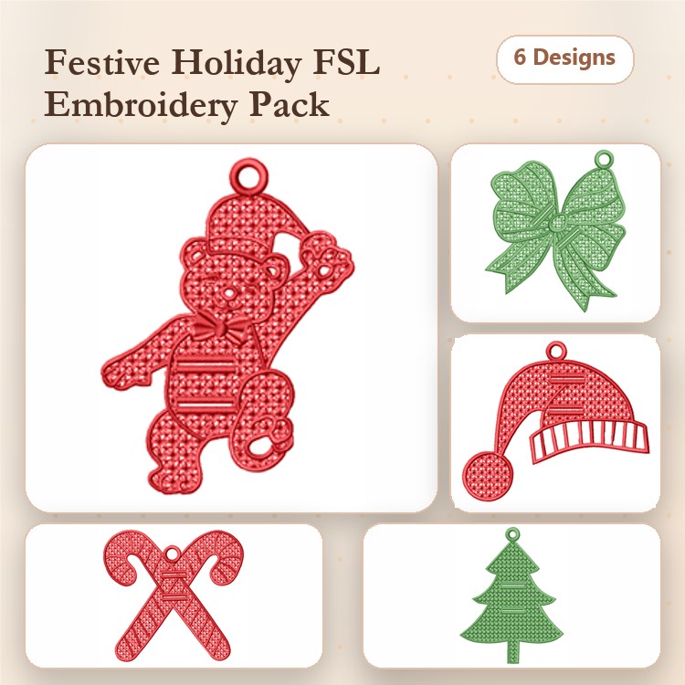 FSL Festive Holiday Ornaments Embroidery Designs Bundle – Teddy Bear, Gift Bow, Christmas Tree & More (6 Designs)