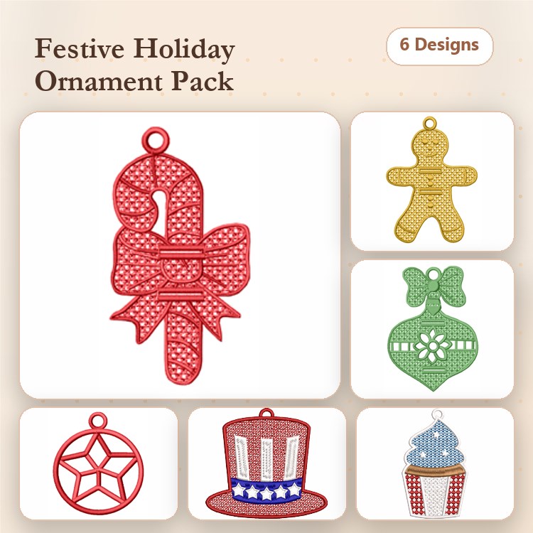 FSL Holiday Ornaments Embroidery Bundle – Candy Cane, Gingerbread Man, Cupcake & More (6 Designs)