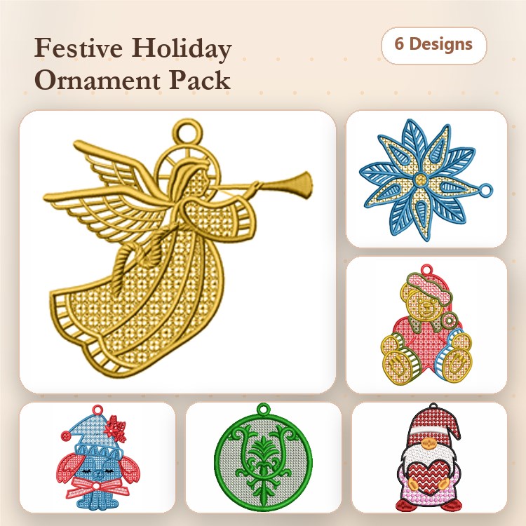 FSL Christmas Ornament Embroidery Designs Bundle – Angel, Snowflake, Teddy Bear & More (6 Designs)