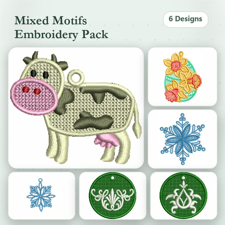 FSL Mixed Motifs Embroidery Designs Bundle – Cow Ornament, Flower Egg, Snowflake 1 & More (6 Designs)