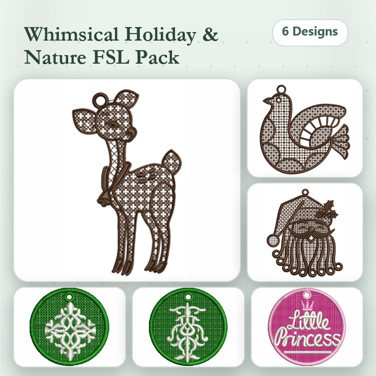 FSL Holiday Ornaments Embroidery Bundle – Reindeer, Bird, Santa, & More (6 Designs)