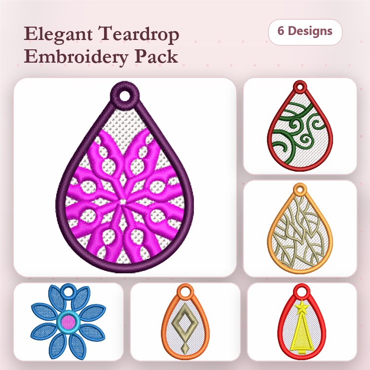 FSL Teardrop Ornament Embroidery Designs Bundle – Pink, Green Swirl, Geometric & More (6 Designs)