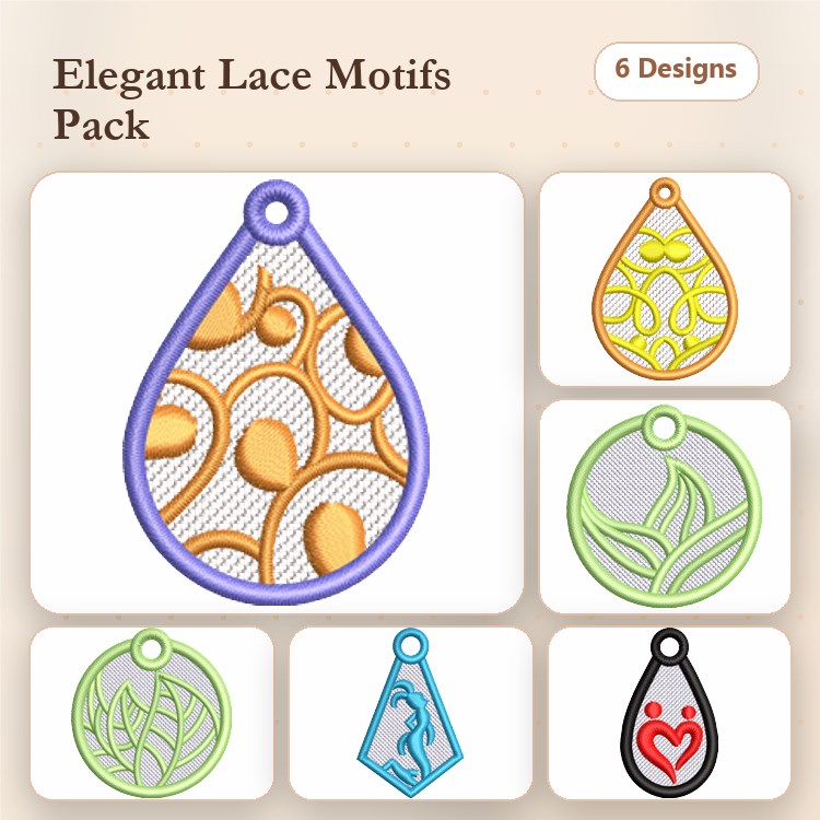 FSL Lace Motifs Embroidery Designs Bundle – Lace Heart, Teardrop, Floral Swirl & More (6 Designs)